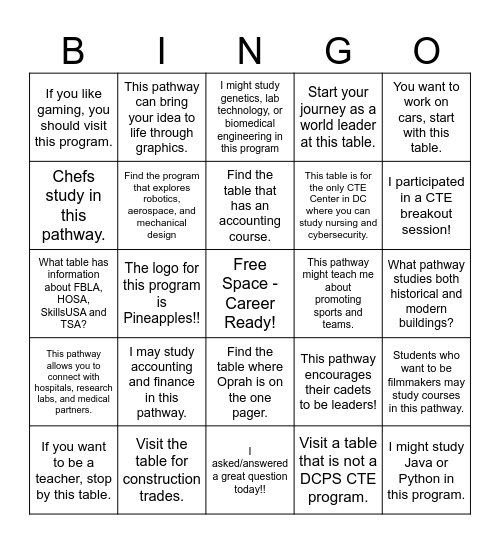 2025 CTE Middle School Expo Bingo Card
