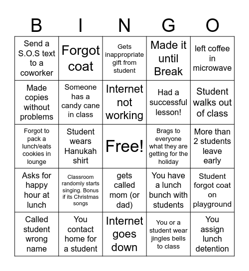 Teacher Bingo before Winter Break Bingo Card