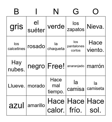 La Ropa, El Tiempo, Los Colores Bingo Card
