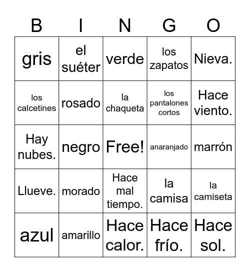 La Ropa, El Tiempo, Los Colores Bingo Card