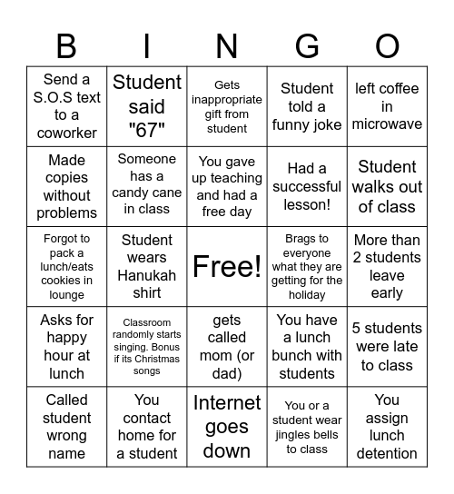 Teacher Bingo before Winter Break Bingo Card