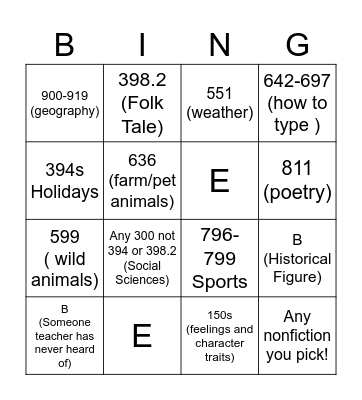 K-2 Call Number Bingo Card