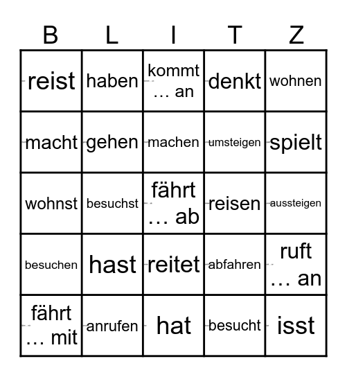 Wichtige Verben - Reisen + Vermischt Bingo Card
