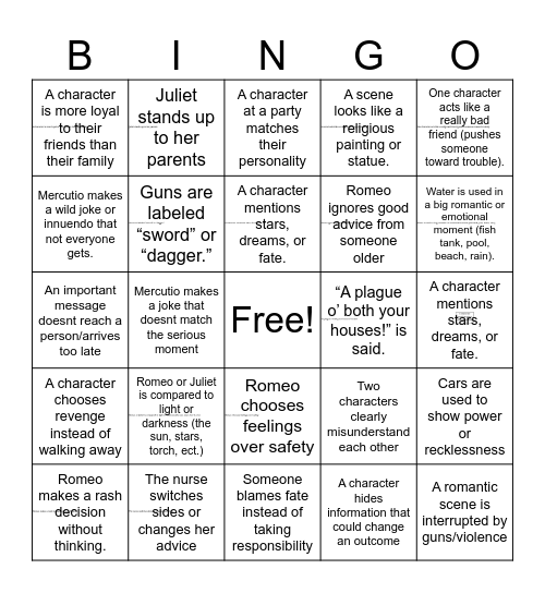 Romeo and Juliet Bingo Card