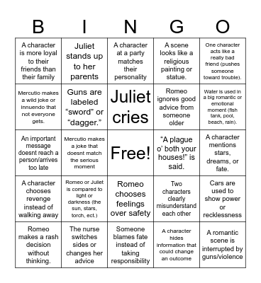 Romeo and Juliet Bingo Card