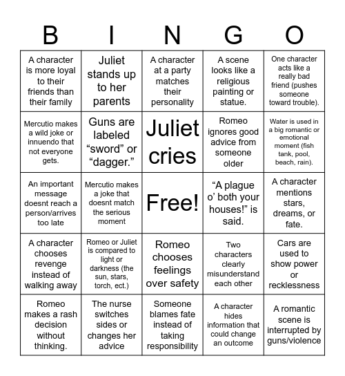 Romeo and Juliet Bingo Card