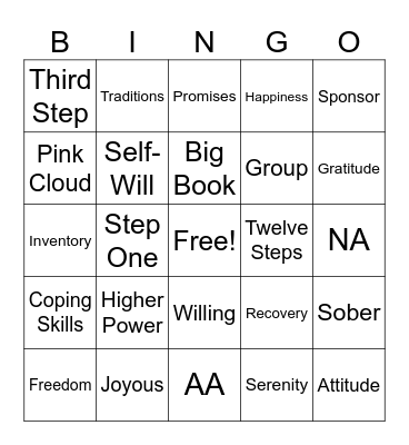 Recovery Bingo Card