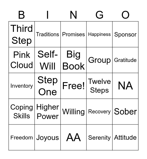 Recovery Bingo Card