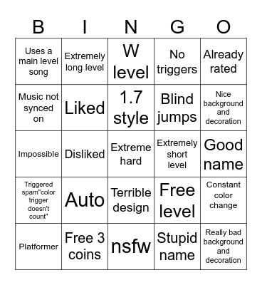 Geometry dash Bingo Card