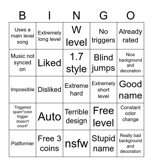 Geometry dash Bingo Card