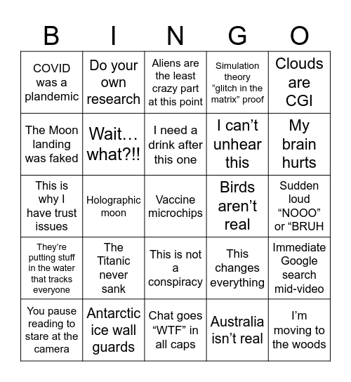 CONSPIRACY THEORIES BINGO Card