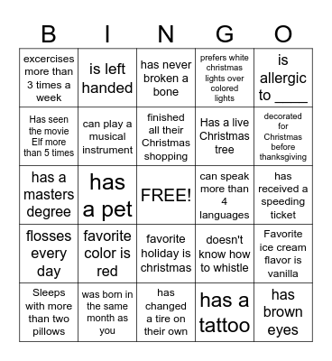 Get to Know You, Christmas Edition Bingo Card