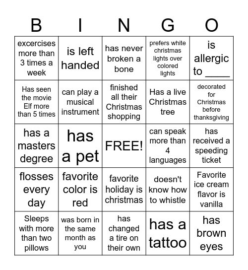Get to Know You, Christmas Edition Bingo Card
