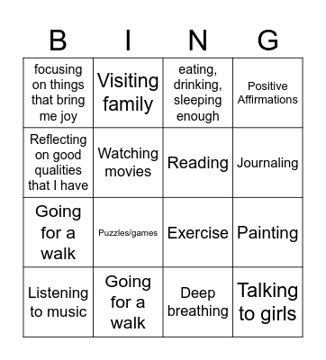 Positivity and Self Confidence Bingo Card