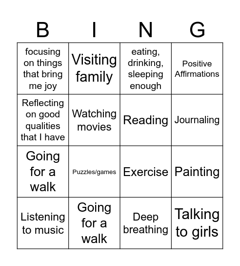 Positivity and Self Confidence Bingo Card