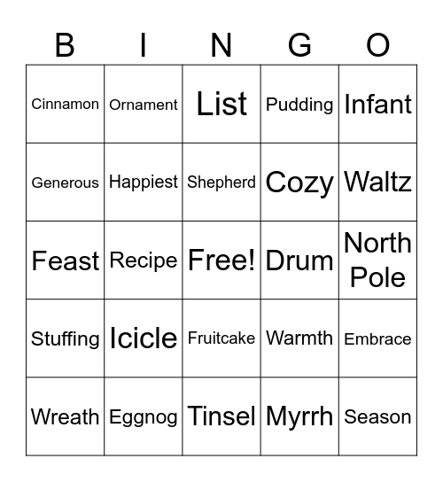 Christmas English Words Bingo Card