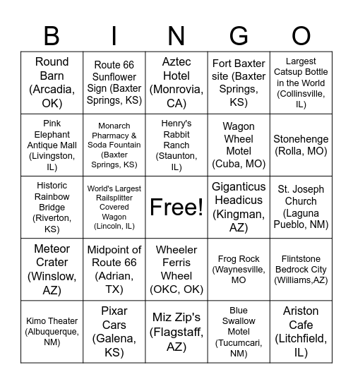 Route 66 Bingo Card