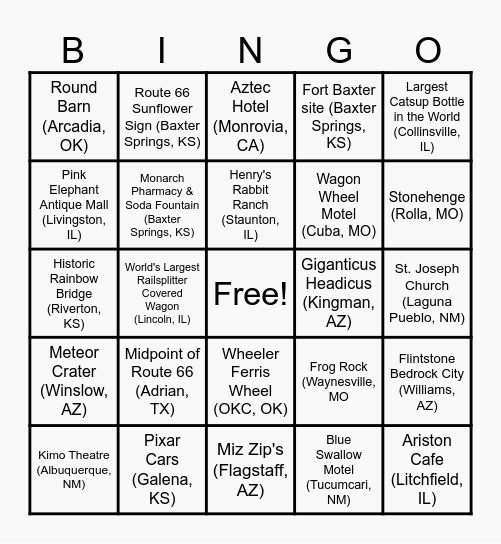 Route 66 Bingo Card
