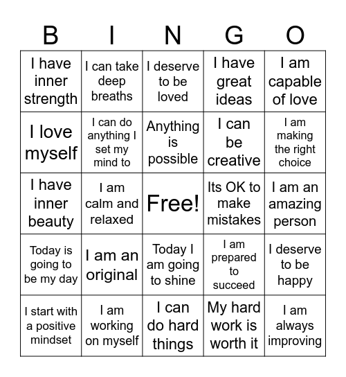 Positive Affirmation Bingo Card