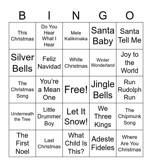 Christmas Song Bingo Card