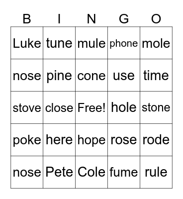 Silent E Bingo Card