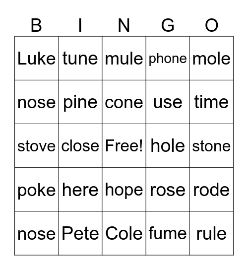 Silent E Bingo Card