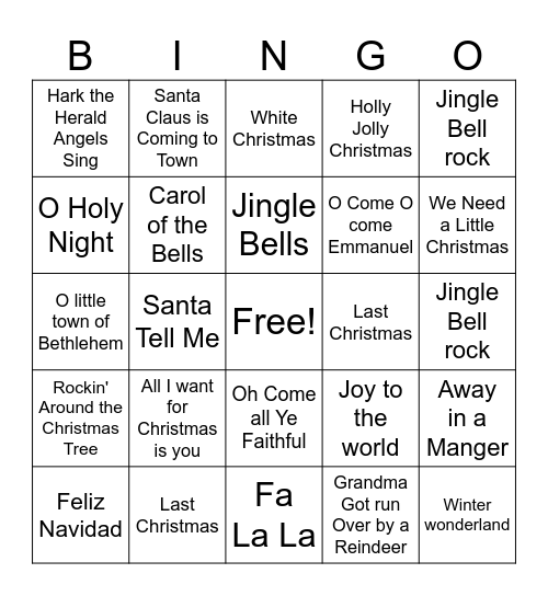 Christmas Song Bingo Card