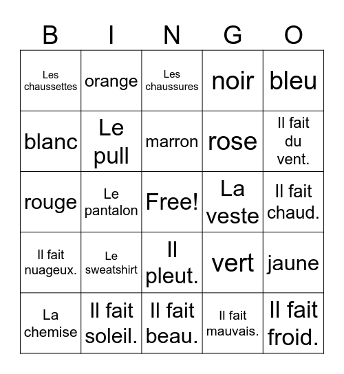 Les Vêtements, Le Temps, Les Couleurs Bingo Card