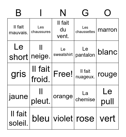 Les Vêtements, Les Couleurs, Le Temps Bingo Card