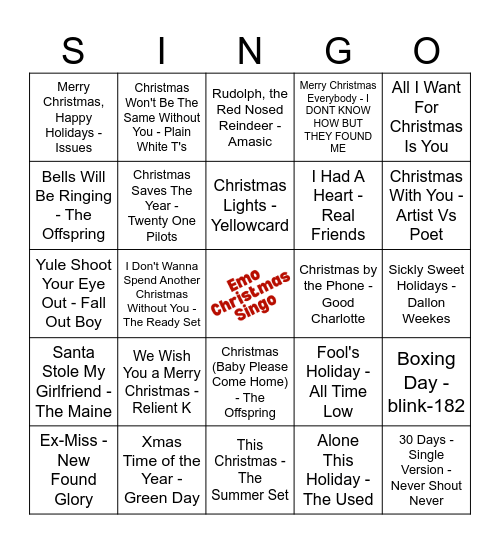 Emo Christmas Singo (40 songs) Bingo Card