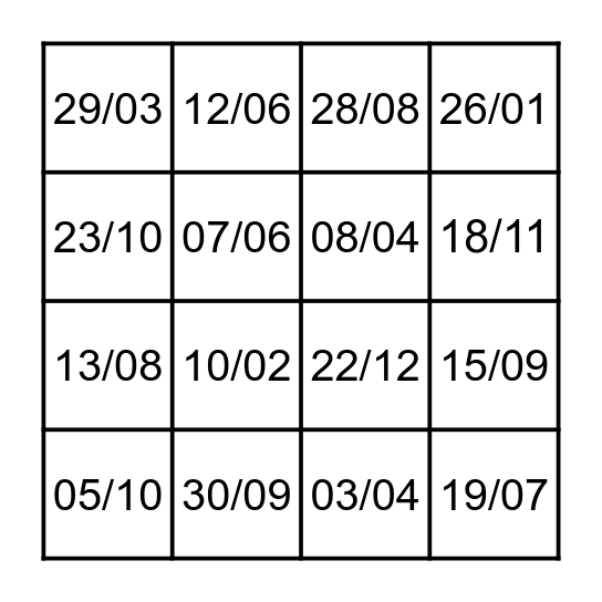 Les dates Bingo Card