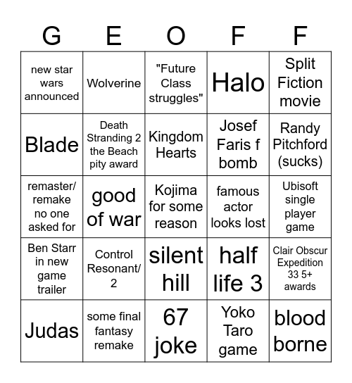TGA 2025 Bingo Card