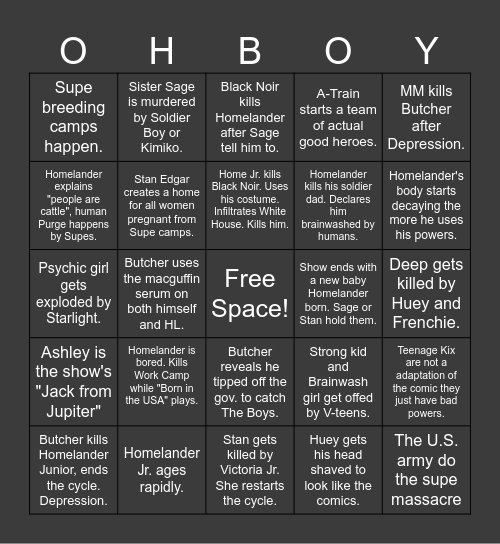 Ape's "The Boys" S6 Predictions Bingo Card
