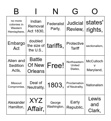 Early Republic 12 2025 Bingo Card