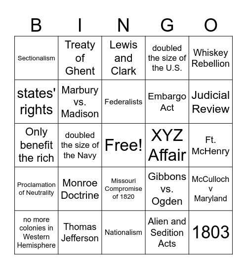 Early Republic 12 2025 Bingo Card