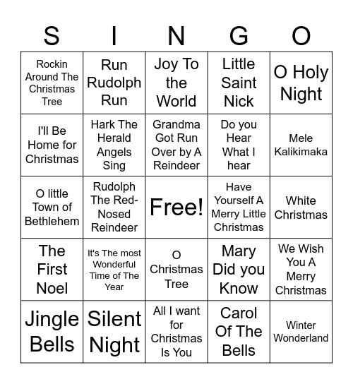 Christmas Music Bingo Card