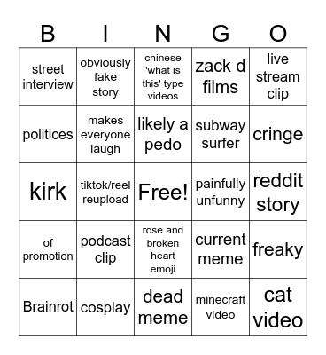 INSTA/SHORTS BINGO Card