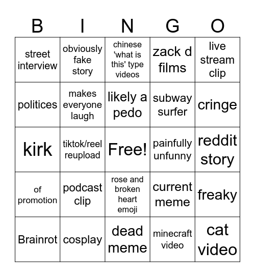 INSTA/SHORTS BINGO Card