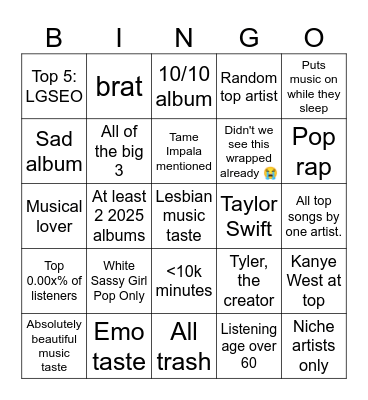 Spotify Wrapped Bingo Card