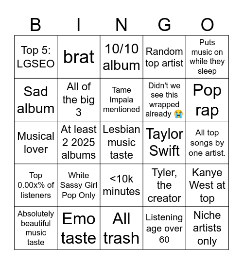 Spotify Wrapped Bingo Card