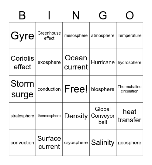 6th grade Vocab Bingo Card