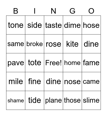 Long Vowel (Silent e) Bingo Card
