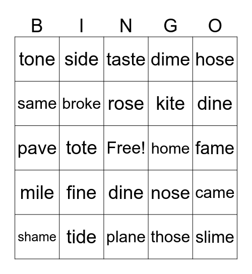 Long Vowel (Silent e) Bingo Card