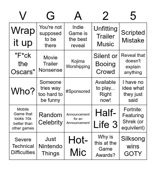 The Video Game Awards 2025 Bingo Card