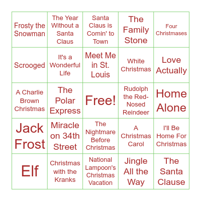 Christmas Movie Bingo Card