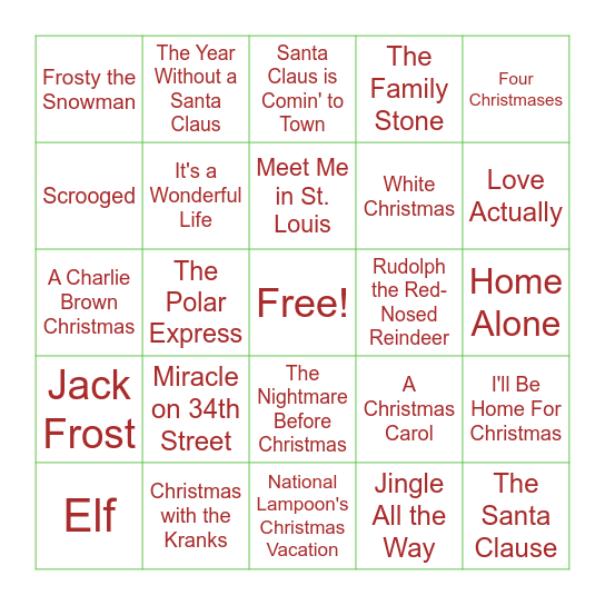 Christmas Movie Bingo Card