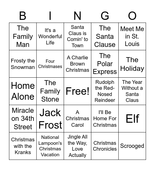 Christmas Movie Bingo Card