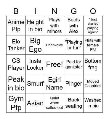 Gankster Bingo Card