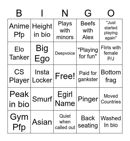 Gankster Bingo Card