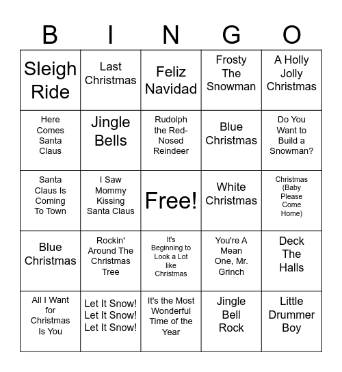 Holiday Music Bingo Card
